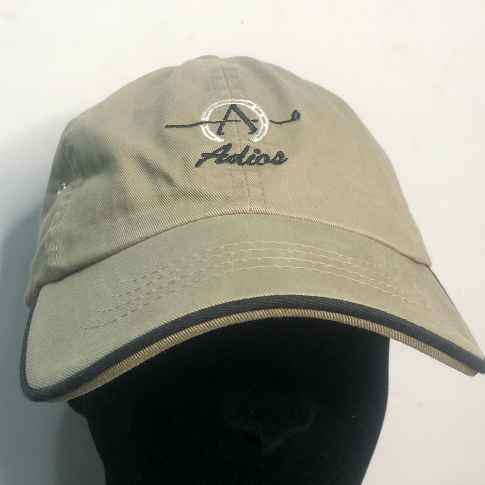 Adios Golfing Dad Hat beige and black adjustable back one fits most , like new